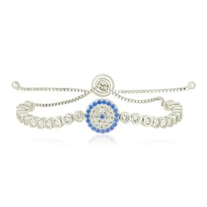 Sterling Silver Adjustable Enameled Eye Motif Bracelet with Cubic Zirconias (11.50 mm)