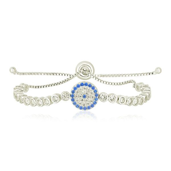 Sterling Silver Adjustable Enameled Eye Motif Bracelet with Cubic Zirconias (11.50 mm)