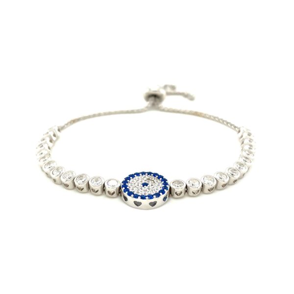 Sterling Silver Adjustable Enameled Eye Motif Bracelet with Cubic Zirconias (11.50 mm) - Image 2