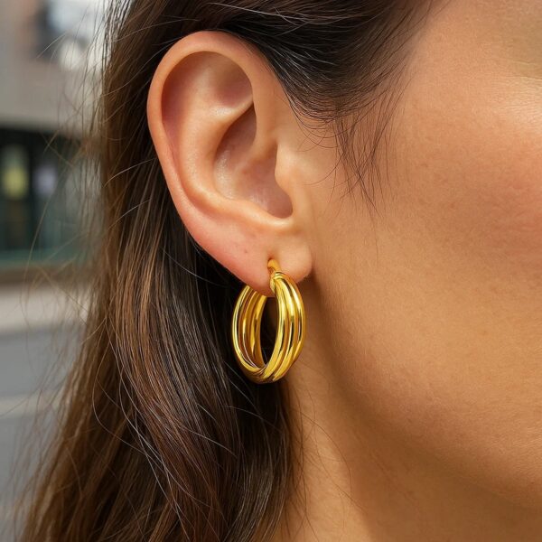 14K Yellow Gold Interlocking Medium Trinity Hoop Earrings - Image 3