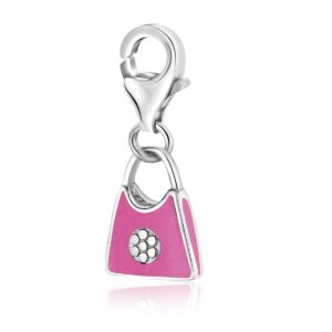 Sterling Silver Pink Enameled Handbag Charm with Flower Motif Accent