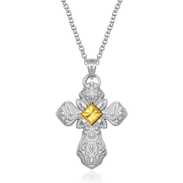 Designer Sterling Silver and 14K Yellow Gold Ornamental Cross Pendant