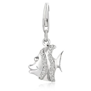 Sterling Silver Fish Charm with White Tone Crystal Stones