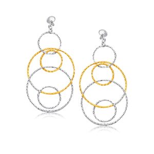 14K Two-Tone Gold Textured Multi Ring Style Dangling Earrings