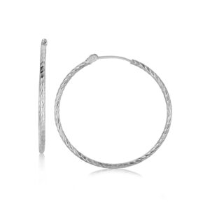 Sterling Silver Rhodium Plated Thin Hoop Diamond Cut Earrings (33mm)