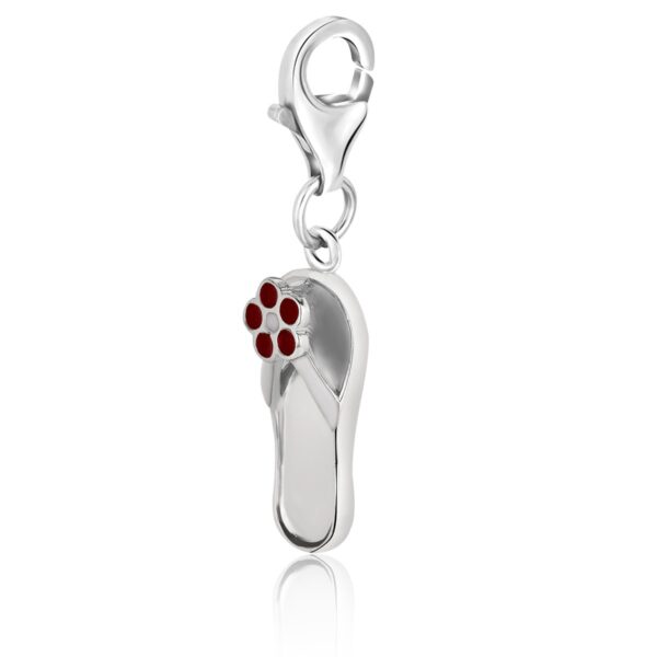 Sterling Silver Flip Flop Charm With Red Enameled Flower Detailing