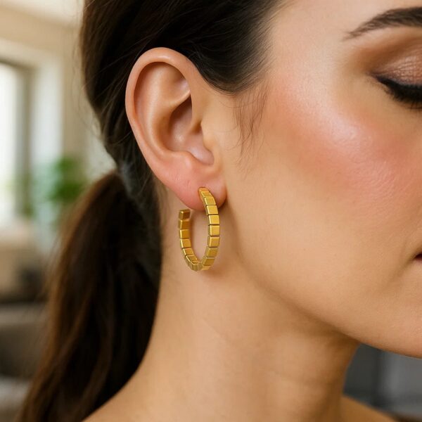 14k Yellow Gold Brick Omega Hoop Earrings - Image 4