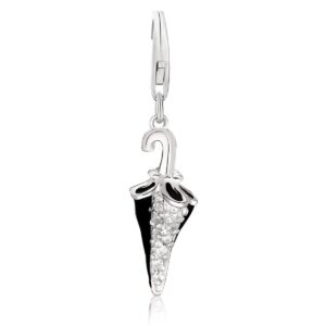 Sterling Silver Black Enameled Umbrella Charm with White Crystal Embellishments