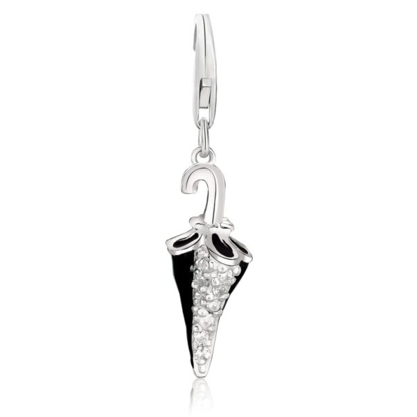 Sterling Silver Black Enameled Umbrella Charm with White Crystal Embellishments