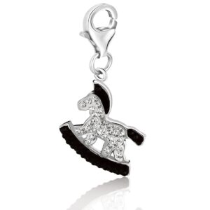 Sterling Silver Rocking Horse Charm with Black and White Crystal Accents