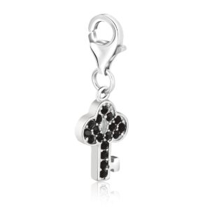 Sterling Silver Key Charm with Black Tone Crystal Accents