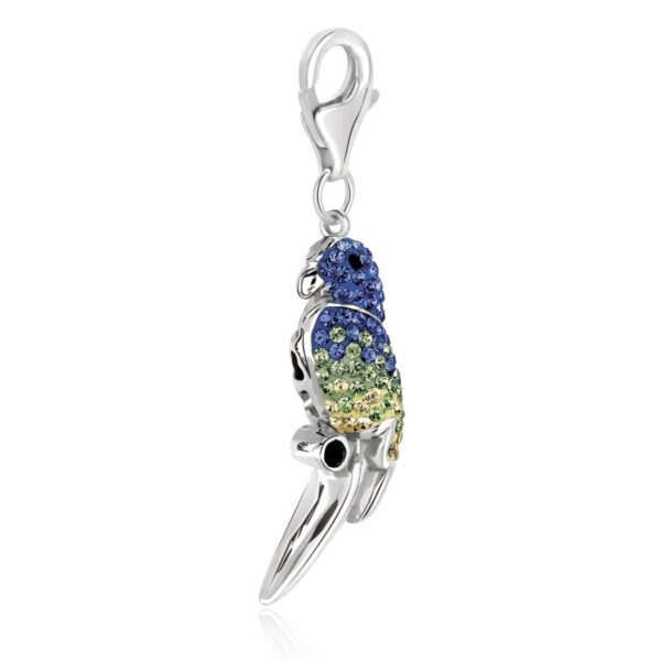 Sterling Silver Parrot Charm with Blue and Green Tone Crystal Accents