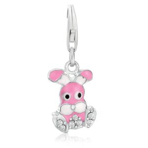 Sterling Silver Bunny Charm with Pink and Black Enamel and White Tone Crystals