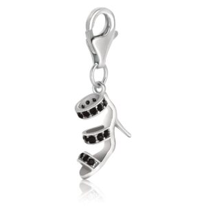 Sterling Silver High Heel Shoe Charm With Black Tone Crystal Embellishments