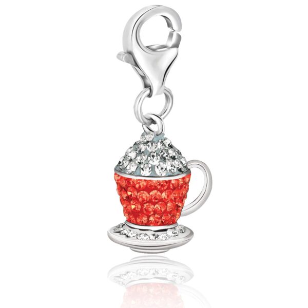 Sterling Silver Tea Cup Charm with White and Red Tone Crystal Accents