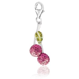Sterling Silver Cherries Charm with Lime, Pink, and White Tone Crystal Accents