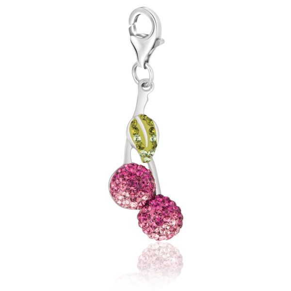 Sterling Silver Cherries Charm with Lime, Pink, and White Tone Crystal Accents