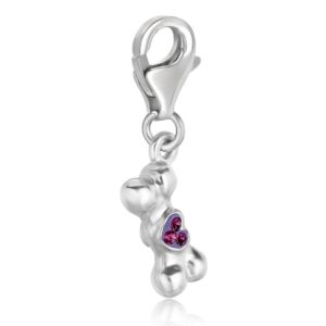 Sterling Silver Dog Bone Charm with Heart Crystal Accented Detailing