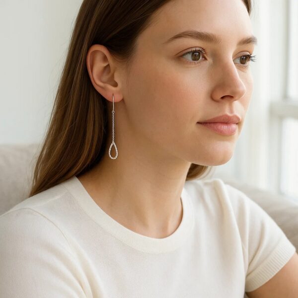 Textured Pear Shaped Long Drop Earrings in 14k White Gold - Image 2