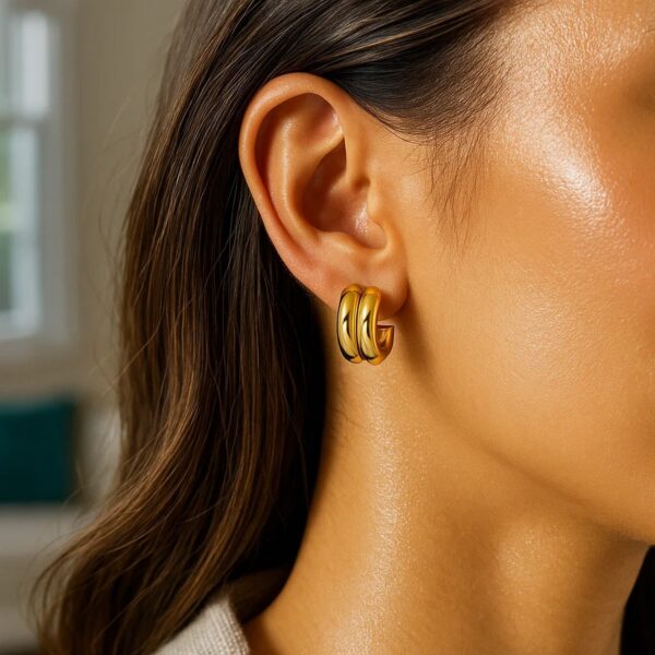 14K Yellow Gold Puffed Double Row C Hoop Earrings - Image 2