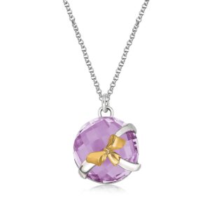18K Yellow Gold and Sterling Silver Bow Design Round Pink Amethyst Pendant