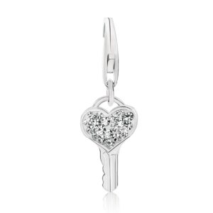 Sterling Silver Heart Key Charm with White Tone Crystal Accents