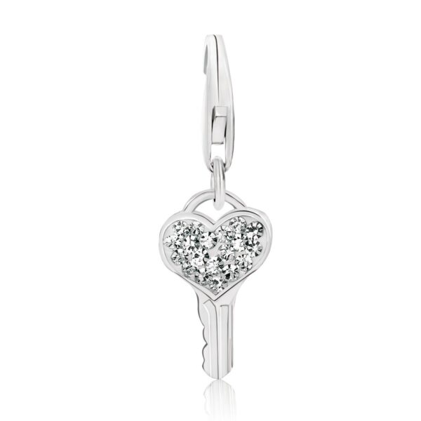 Sterling Silver Heart Key Charm with White Tone Crystal Accents