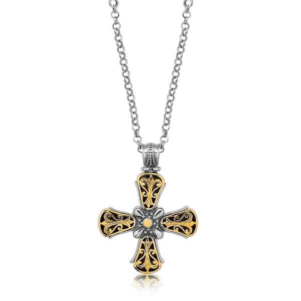 18K Yellow Gold and Sterling Silver Fancy Antique Style Cross Pendant - Image 2