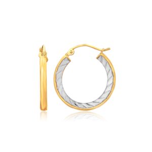 14K Two Tone Gold Polished and Textured Hoop Earrings (1 inch Diameter)