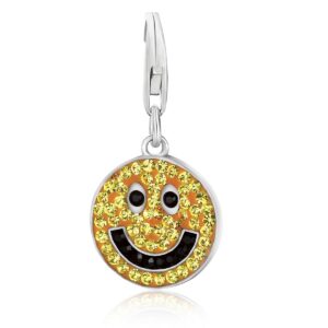 Sterling Silver Smiley Face Charm with Yellow and Black Crystal Accents