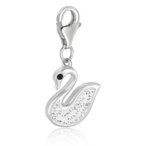 Sterling Silver Swan Charm with White Tone Crystal Accents