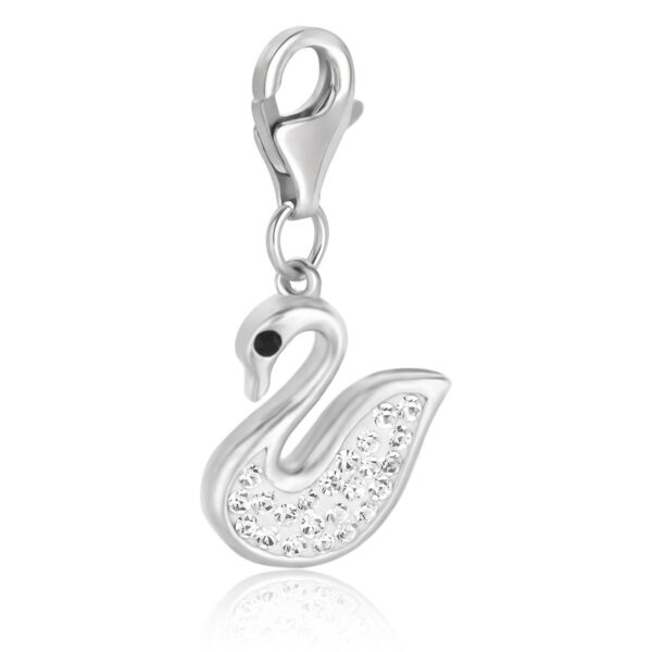 Sterling Silver Swan Charm with White Tone Crystal Accents