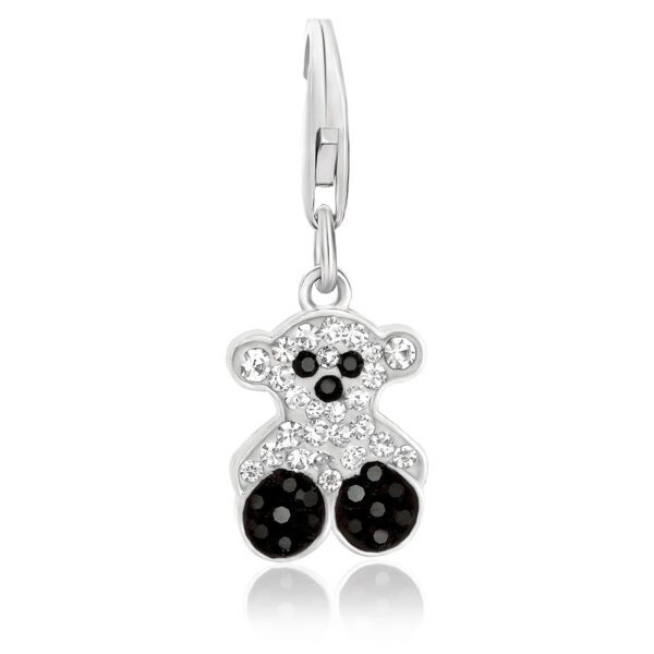 Sterling Silver Bear Charm with White and Black Tone Crystal Accents