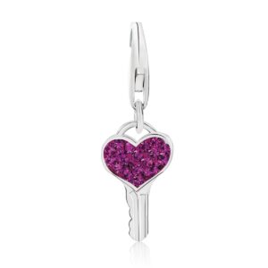 Sterling Silver Key Charm with Magenta Tone Crystal Accents