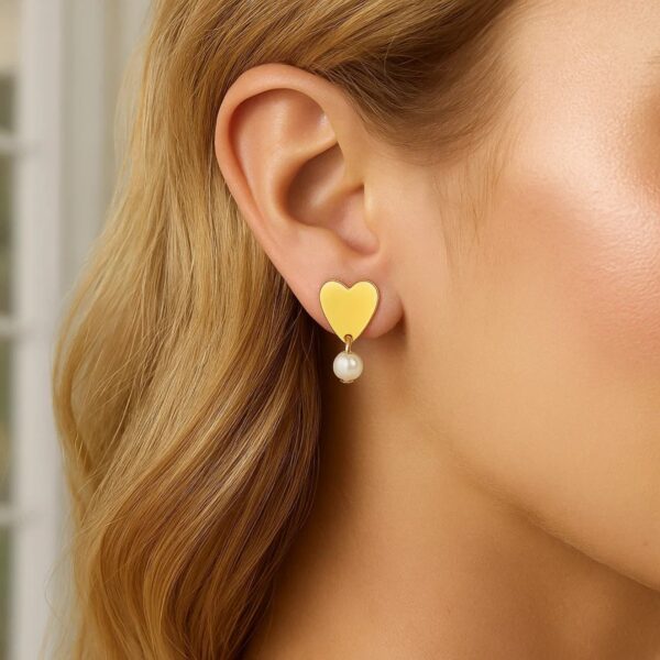 Heart and Pearl Drop Stud Earrings in 14K Yellow Gold - Image 2