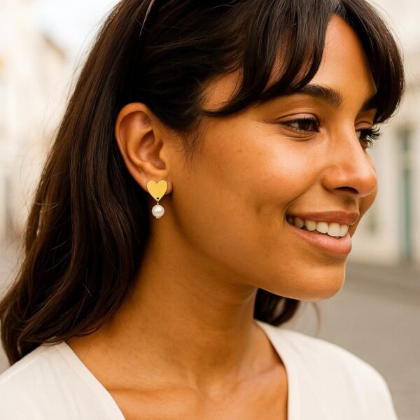 Heart and Pearl Drop Stud Earrings in 14K Yellow Gold - Image 5