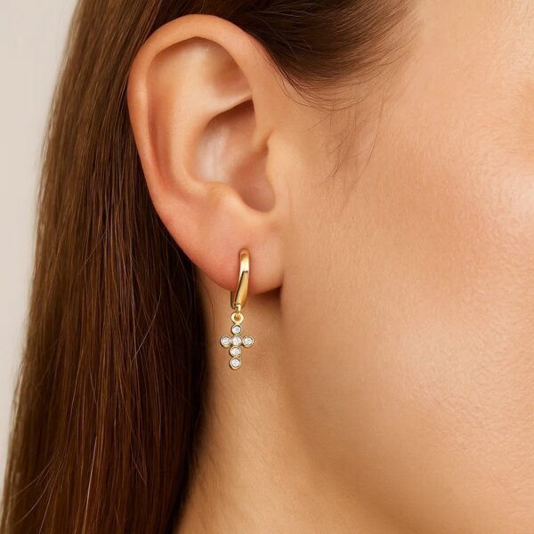 14K Yellow Gold Petite Diamond Cross Earrings - Image 3