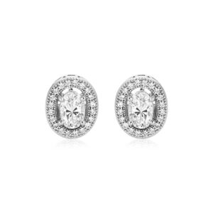 Sterling Silver Beaded Oval Bezel Set Cubic Zirconia Earrings