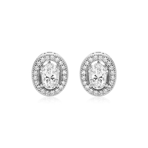 Sterling Silver Beaded Oval Bezel Set Cubic Zirconia Earrings