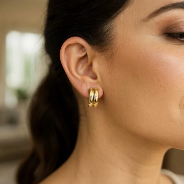 14K Yellow Gold Polished Double Row C Hoop Earrings - Image 3