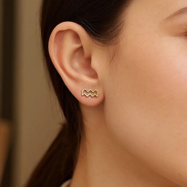 14K Yellow Gold Aquarius Stud Earrings - Image 4