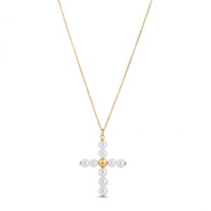 14k Yellow Gold Pearl Cross Pendant