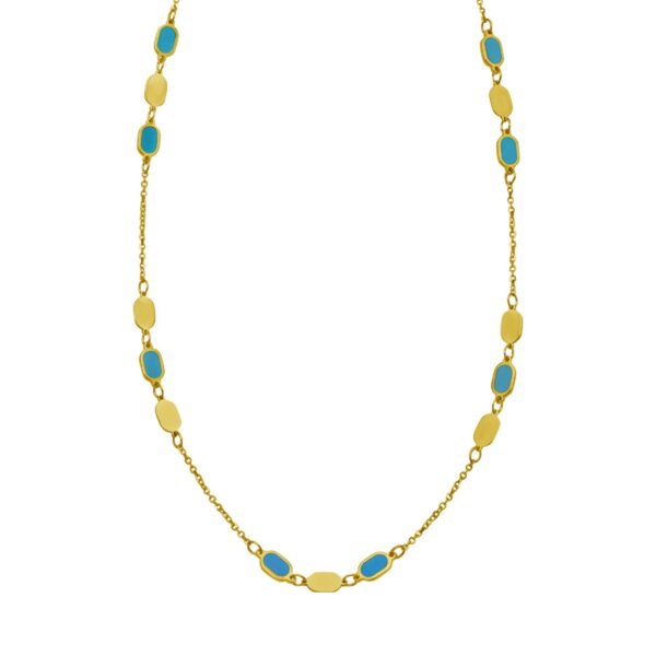 14K Yellow Gold Hexagon Turquoise Inlay Links Necklace