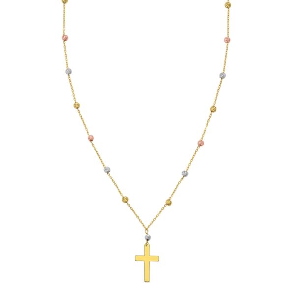 14K Tri Color Gold Beaded Cross Necklace