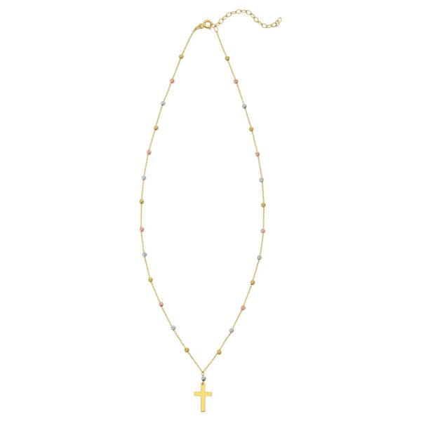 14K Tri Color Gold Beaded Cross Necklace - Image 2