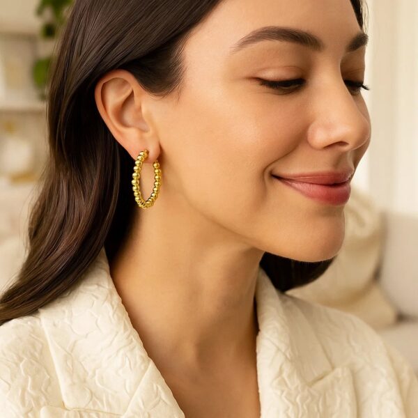 14K Yellow Gold Polished Medium Bead Hoop Earrings - Image 2