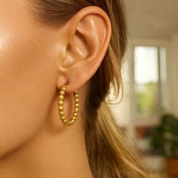14K Yellow Gold Polished Medium Bead Hoop Earrings - Image 3