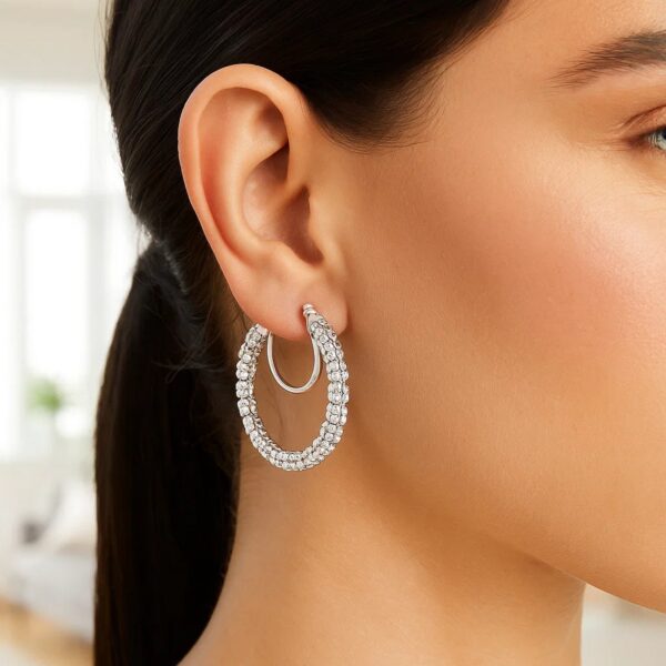 14K White Gold Ice Chain Round Hoops Earrings - Image 2