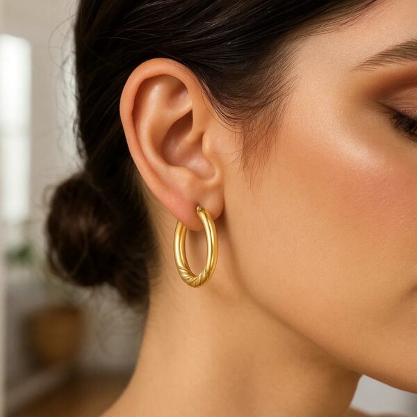 14K Yellow Gold Twisted Medium Hoop Earrings - Image 2