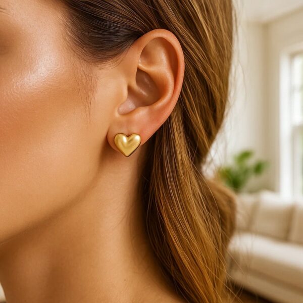 14K Yellow Gold Puffed Heart Stud Earrings - Image 2